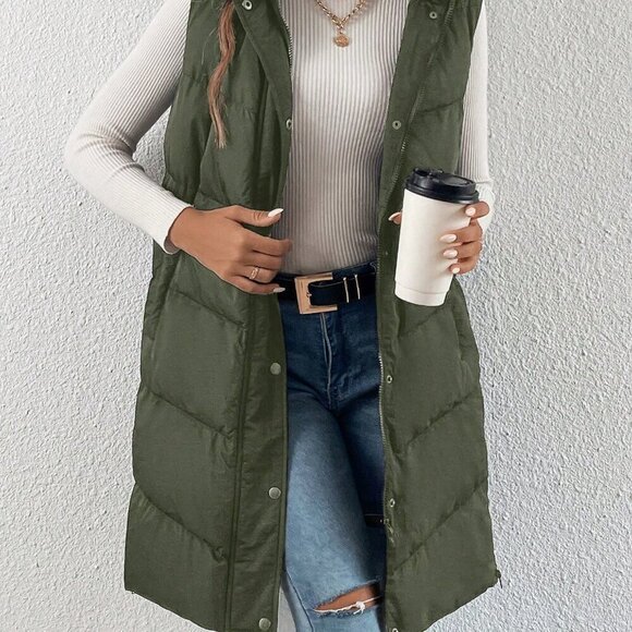 Army Green Casual Women's Zip Up Slant Pocket Sleeveless Hooded Padded Coat - Picture 4 of 4